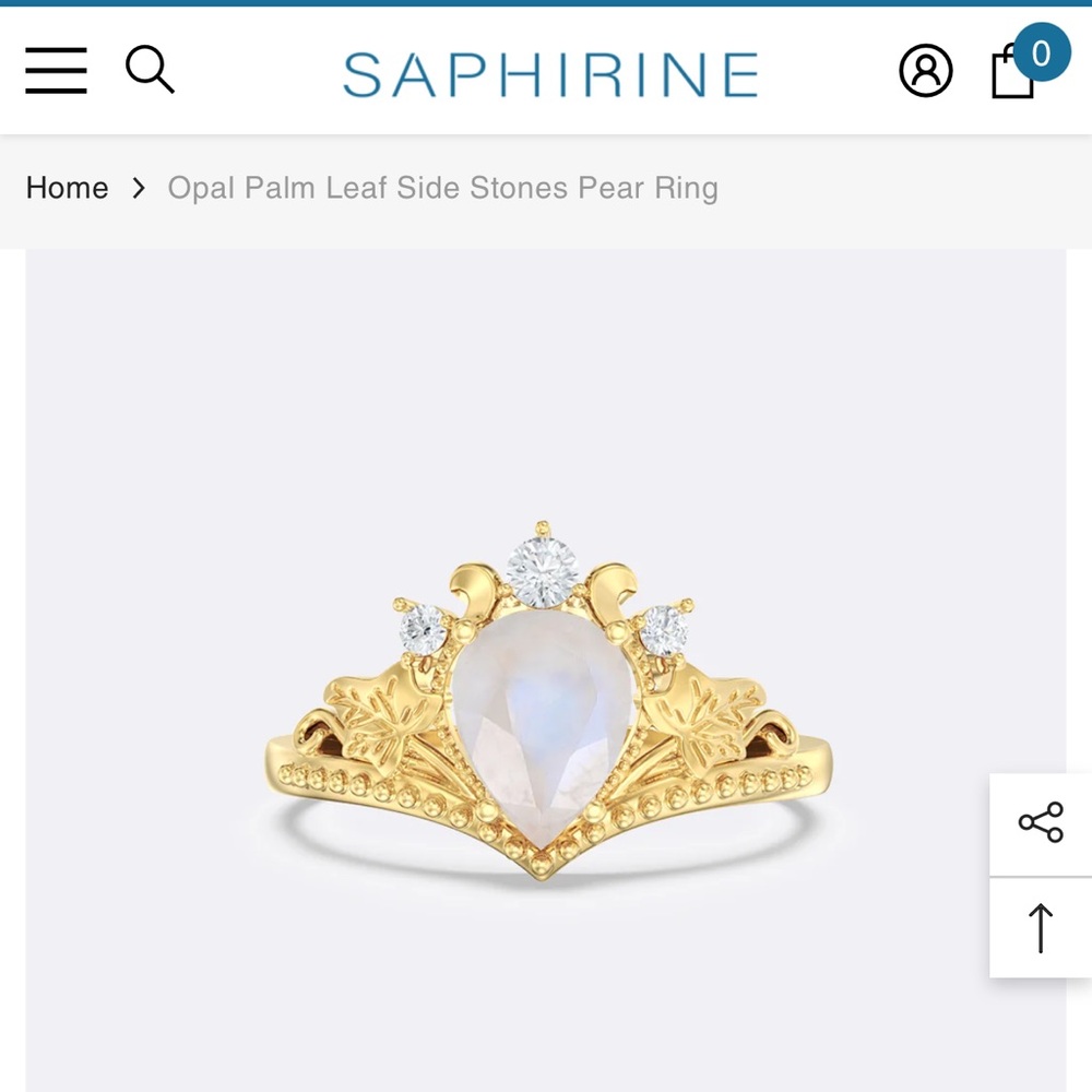 Saphirine Opal Palm Leaf Side Stones Pear Ring size 9 NWT